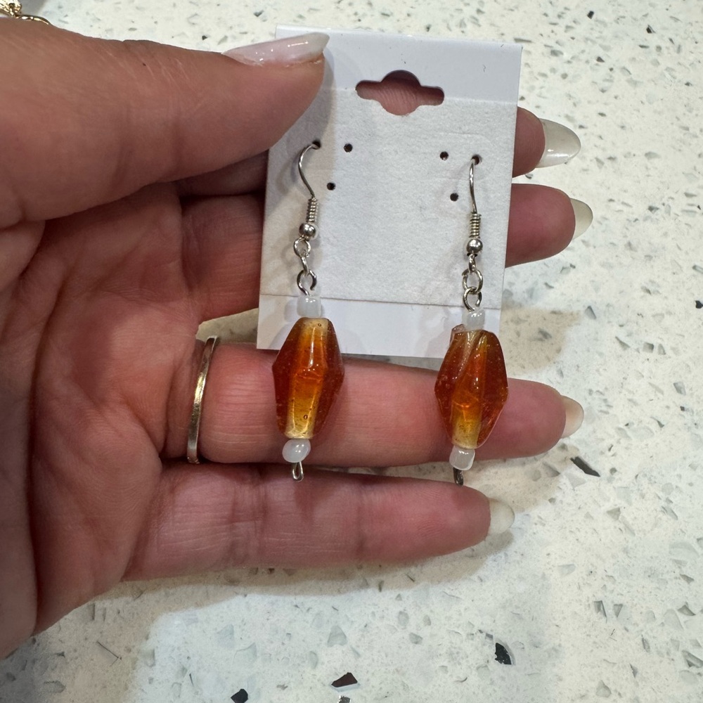 Handmade Amber Glass Bead Dangle Earrings - Women Jewelry
